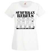 Diseño de la camiseta de chica SUBURBAN REBELS Clockwork Orange Boys en camiseta blanca